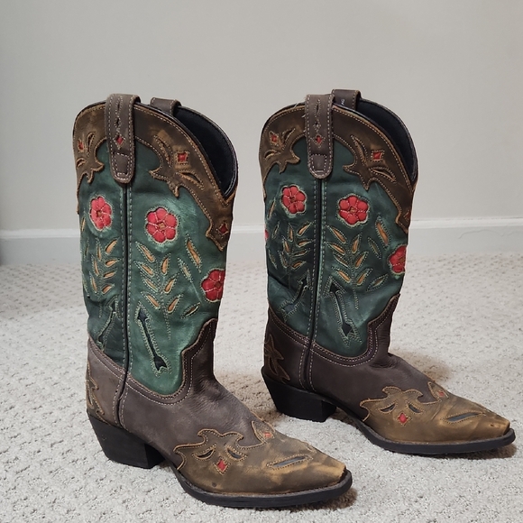 Laredo Miss Kate Brown & Teal Leather Floral Western Cowboy Boots Size 8 - Picture 2 of 16